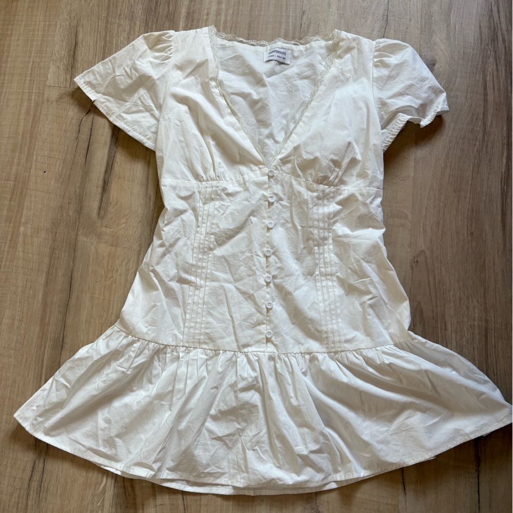 Peppermayo White Button-Front Ruffle Hem Dress